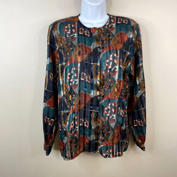 VTG Yves St Clair Metallic Shimmery Sheer Top Size 10 Teal Rust Fall Long Sleeve - Picture 1 of 13